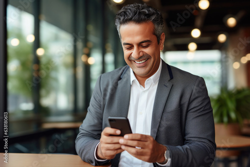 Senior Indian Businessman in a Modern Urban Setting: A mature, smiling, and tech-savvy black man walking in the city, confidently using his smartphone for work-related tasks and staying connected