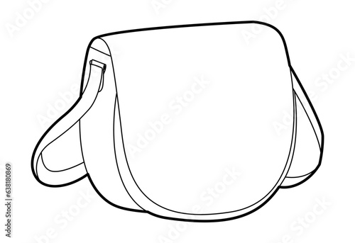 Bag Saddle silhouette crossbody. Fashion accessory technical illustration. Vector satchel front 3-4 view for Men, women, unisex style, flat handbag CAD mockup sketch outline isolated