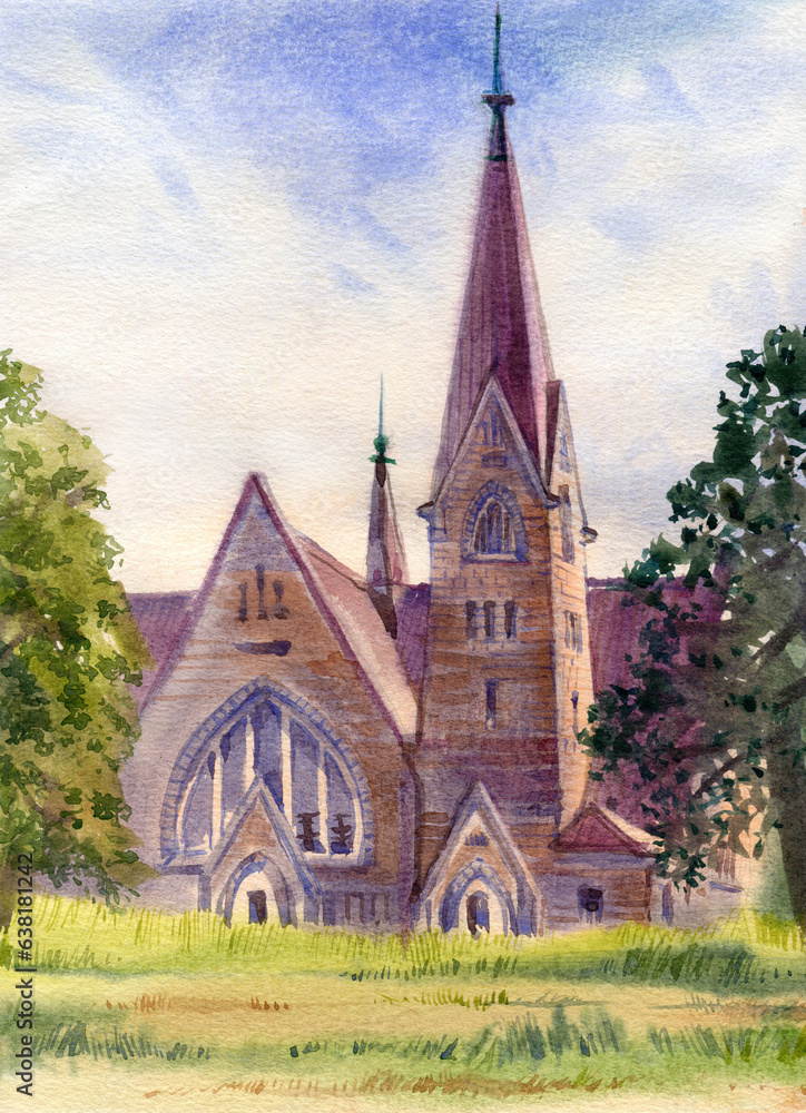 Watercolor illustration of landscape with old lutheran church.