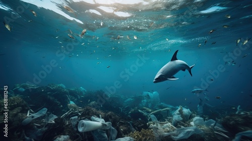 marine life surrounded by plastic debris, underlining the gravity of ocean pollution generative ai