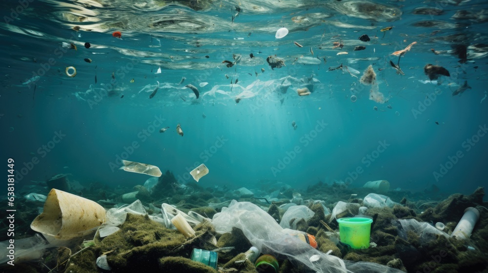 Fototapeta premium marine life surrounded by plastic debris, underlining the gravity of ocean pollution generative ai