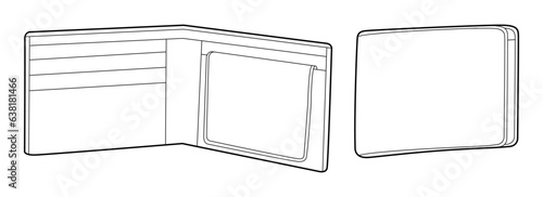 Bifold Wallet close and open view options with pockets and flap closure. Fashion accessory technical illustration. Organizer for Men, women, unisex silhouette style, flat handbag CAD sketch isolated