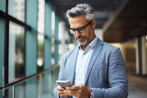 Senior Businessman in a Modern Urban Setting: A mature, smiling, and tech-savvy black man walking in the city, confidently using his smartphone for work-related tasks and staying connected