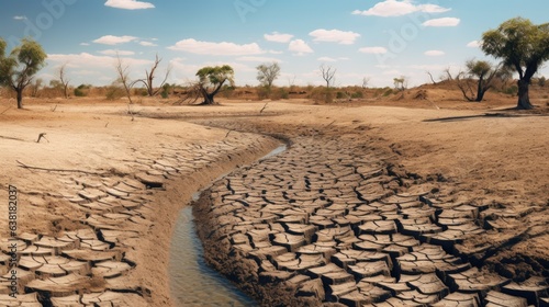 dried-up riverbed, showcasing the effects of climate change on water resources generative ai