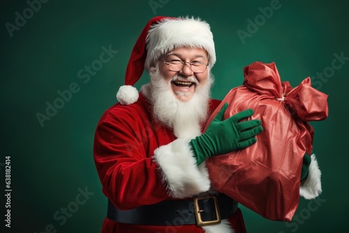 portrait of a happy and cheerful santa claus holding a gift in his hands on a green studio background
