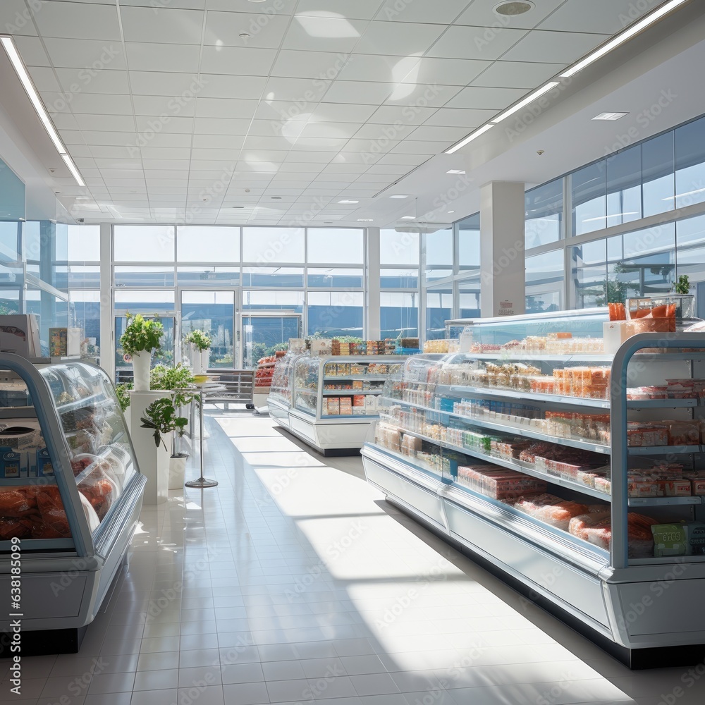Interior view of a shopping store supermarket, generative AI