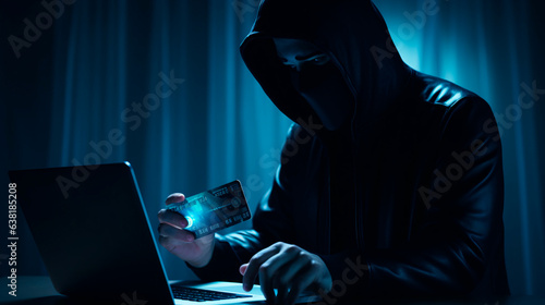 Hands of anonymous hacker holding credit card and using laptop computer. Cyber criminal. Cybersecurity concept