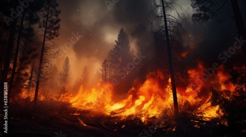 wildfire raging in a forest, a direct result of prolonged dry seasons and climate change generative ai