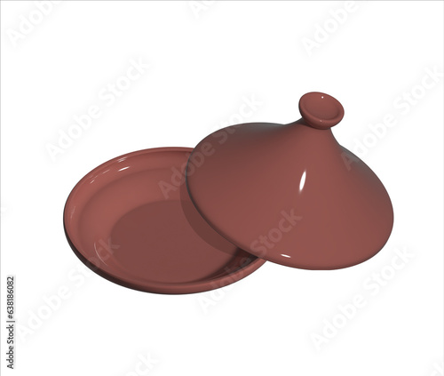 Tajine, traditional dish of Morocco, also called tagine, maraq or marqa. Food pottery ceramic brown pot. Morrocan clay craft. Isolated illustration on white background, stock image. National meal.