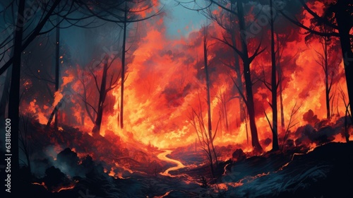 wildfire raging in a forest, a direct result of prolonged dry seasons and climate change generative ai © Kelly