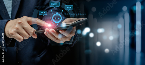 Businesswomen using smartphone chatbot conversation application, Artificial intelligence digital online and automation software technology, the virtual assistant on communication internet.