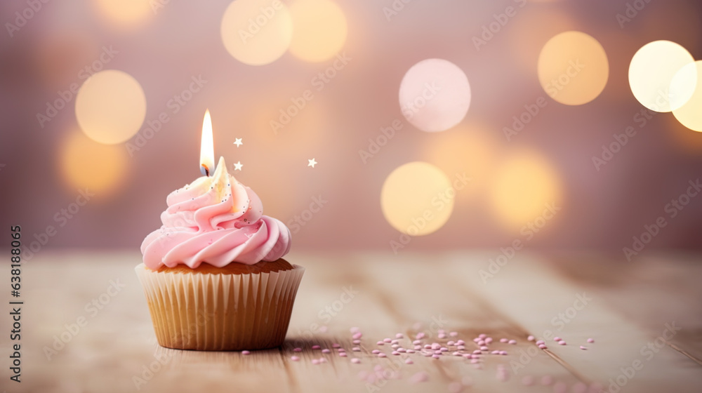 Pink birthday muffin with candle and bokeh lights. Pink birthday muffin with candle and bokeh lights.