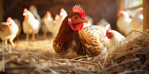 A hen sits on her eggs in the nest. She is sitting in a barn with other chickens.