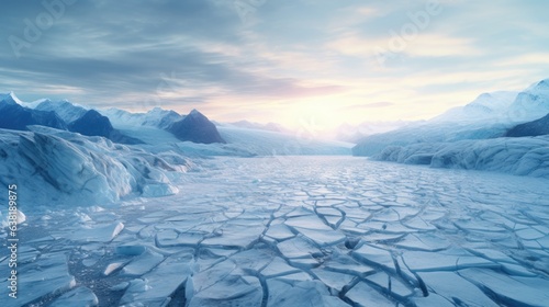 glacier visibly receding due to climate change, stark portrayal of global warming generative ai