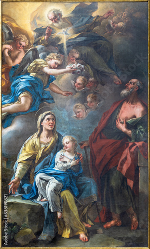 NAPLES, ITALY - APRIL 24, 2023: The painting of St. Ann with the Virgin Mary, Joachim and St. John the Baptist in the church Chiesa di San Giuseppe a Chiaia by Nicola Malinconico (1663—1721).