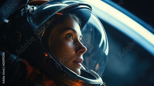 Photographie Closeup portrait of a female astronaut wearing a space suit