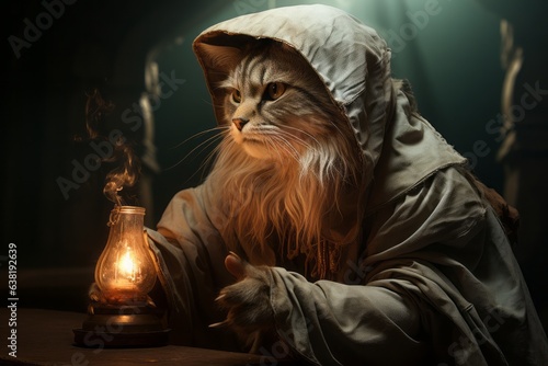 Enveloped in a hoodie's embrace, a cat clutches a candle, casting a warm, mysterious glow. This feline guardian of light merges whimsy with a touch of the arcane.

