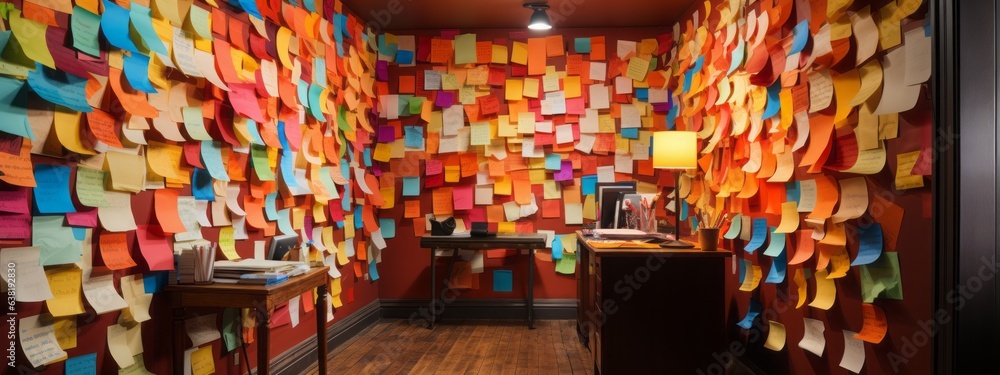 A kaleidoscope of ideas comes alive on a wall filled with vibrant sticky notes. Each hue holds a thought, a task, a memory – a mosaic of creativity and reminders in technicolor splendor. - obrazy, fototapety, plakaty 
