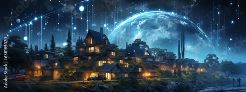 In the night s embrace  suburban homes glow  digitally connected. Here  DX and IoT redefine society  crafting a digital community.  
