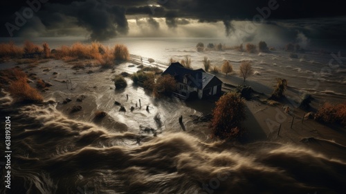 flood engulfing a rural area, signifying the harsh impacts of climate change generative ai photo