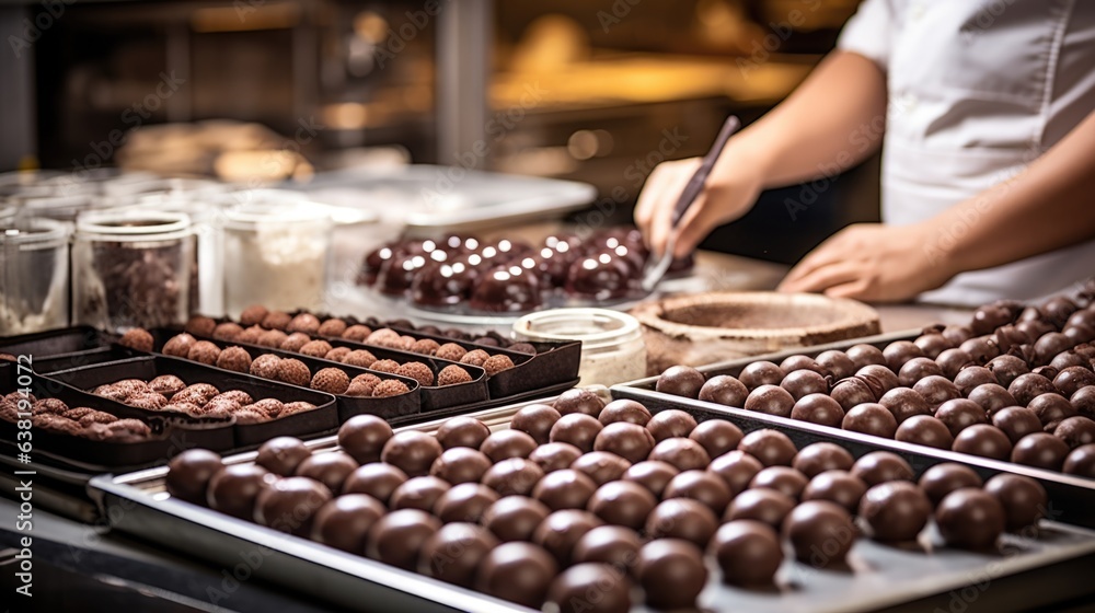 Obraz skilled chocolatier making chocolates in a sweet-smelling kitchen generative ai