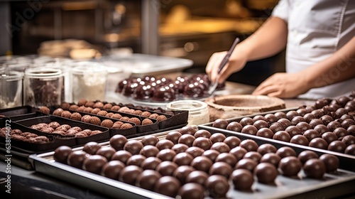 skilled chocolatier making chocolates in a sweet-smelling kitchen generative ai photo