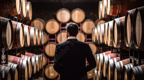 dedicated sommelier tasting a wine in a wine cellar generative ai