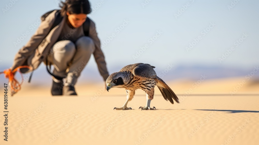 Obraz premium professional falconer training a falcon in a desert generative ai