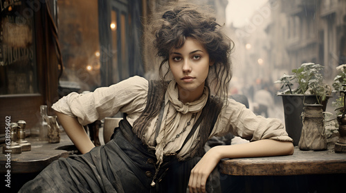Young woman sitting gracefully at a cafe table. Picturesque charm of a 19th century street with an elegant woman sitting at a table in a vintage setting. photo