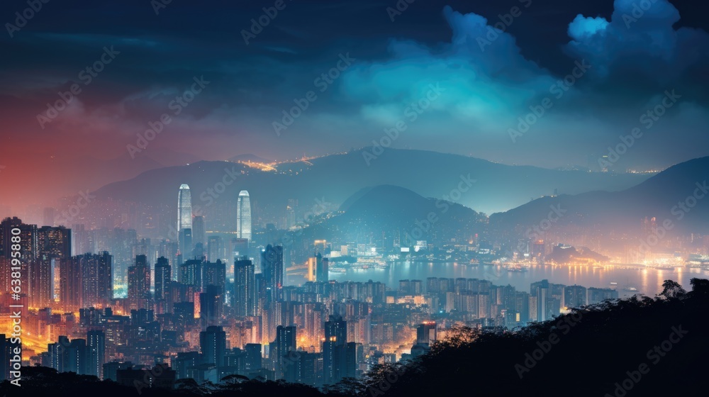 Fototapeta premium smoggy city lights at night, showcasing the issue of light pollution generative ai