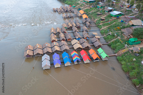Aerial of lake or river water rafting, paddling on boat canal in park. Sightseeing in forest trees at Mae Sot ,Tak, Thailand. Nature landscape. Tourist adventure activity. Travel in vacation.