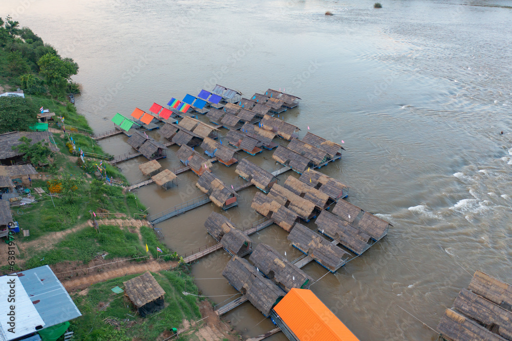 Aerial of lake or river water rafting, paddling on boat canal in park ...