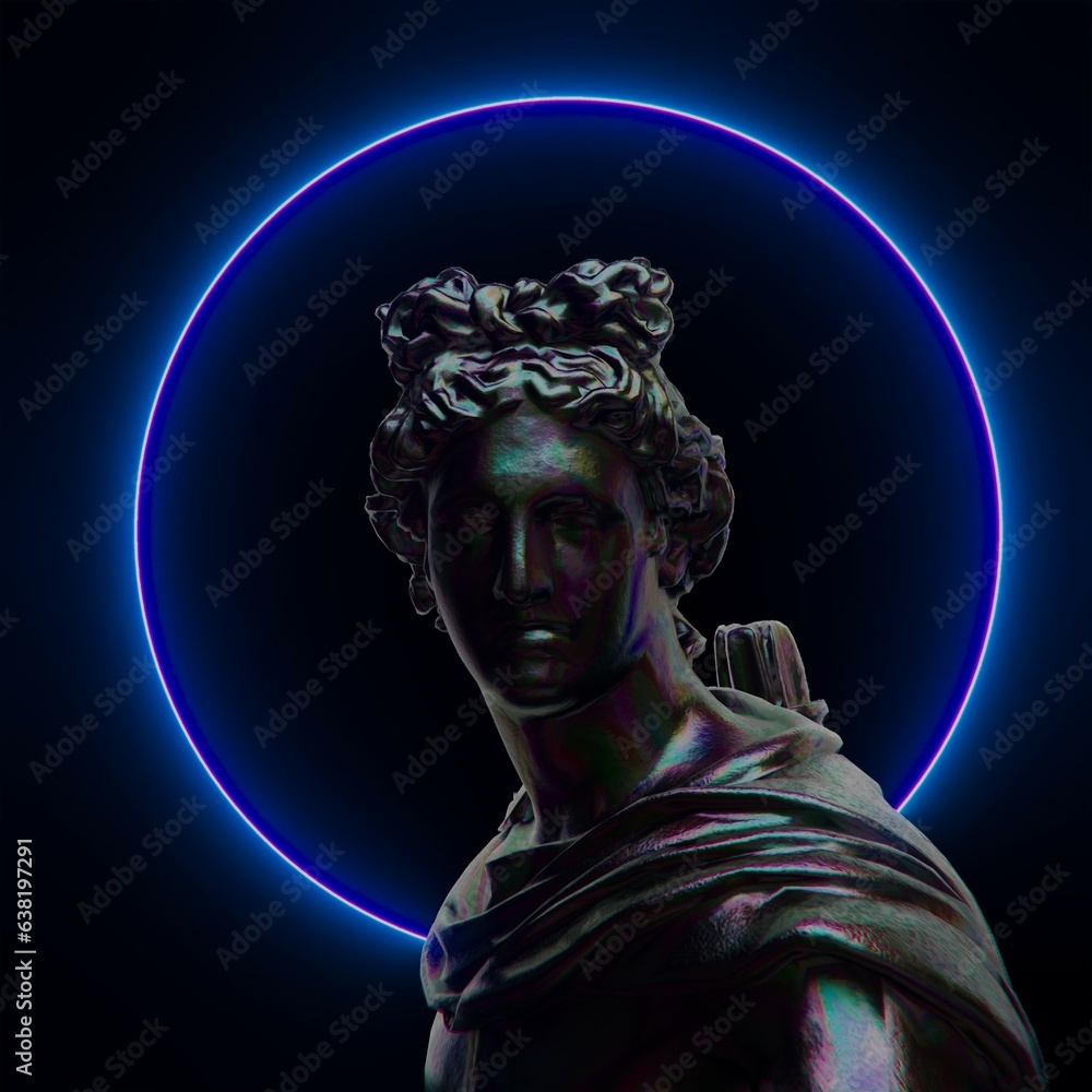 3D illustration of a Greek God Apollo with a neon halo around the head. 3D illustration of a Greek God Apollo with a neon halo around the head.