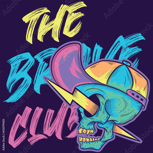 Cool youth skate authentic retro street emblem with skull in a baseball cap and skateboard. Grunge worn texture on a separate layer.
