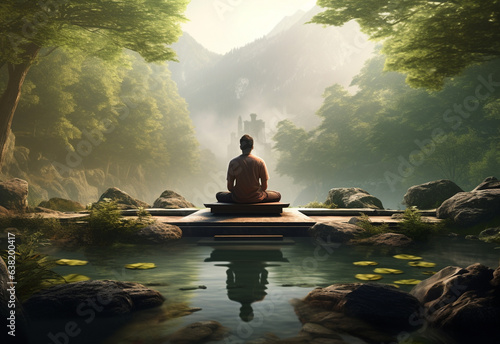 ai generative photo of a man practicing mindfulness and meditation in a peaceful natural environment sony A7s realistic image, ultra hd, high design very detailed  © Syed Qaseem Raza