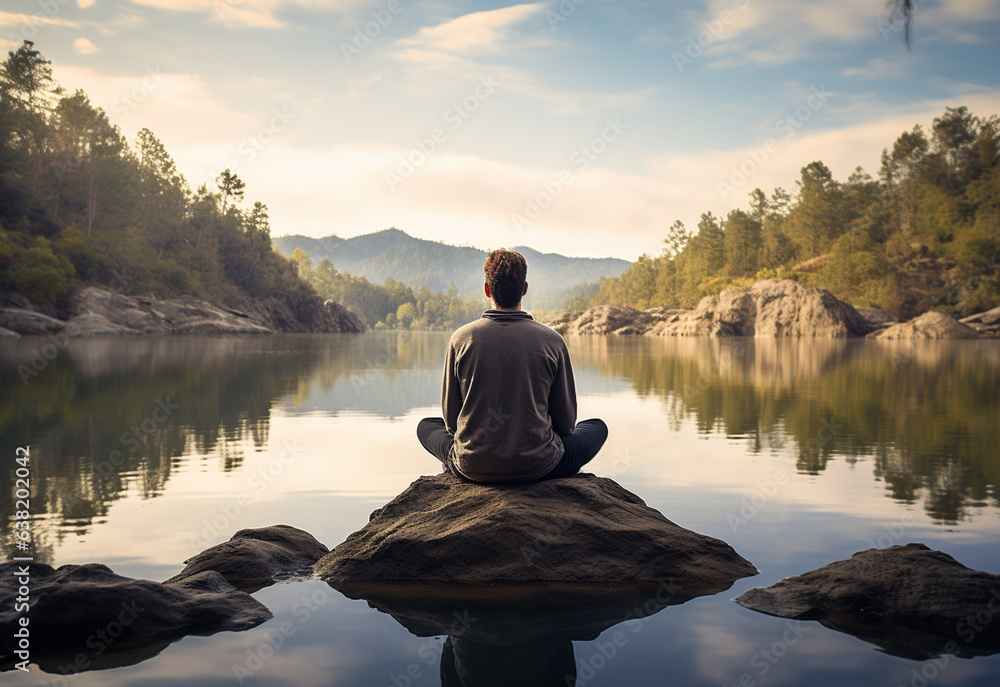 ai generative photo of a man practicing mindfulness and meditation in a peaceful natural environment sony A7s realistic image, ultra hd, high design very detailed
