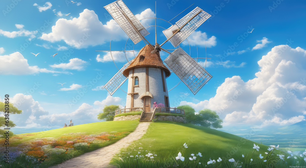 Renewable Energy Amidst Lush Green Landscape and Flowering Plants Renewable Energy Amidst Lush Green Landscape and Flowering Plants