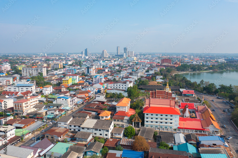 Aerial view of local residential neighborhood roofs. Urban housing development from above. Top view. Real estate in Isan, Khon Kaen urban city town, Thailand. Property real estate.