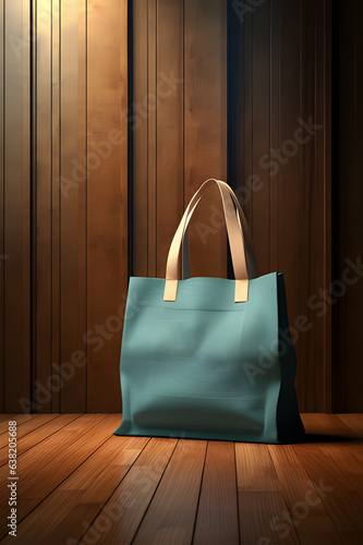 shopping bag sitting on a wooden table mockups ai generative