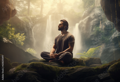 ai generative photo of a man practicing mindfulness and meditation in a peaceful natural environment sony A7s realistic image, ultra hd, high design very detailed
