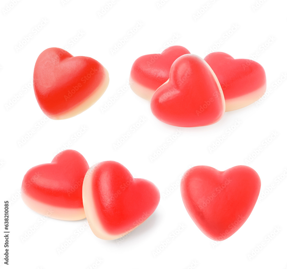 Set with heart-shaped chewy candies isolated on white Set with heart-shaped chewy candies isolated on white