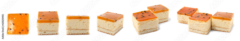 Set with pieces of tasty cheesecake isolated on white Set with pieces of tasty cheesecake isolated on white