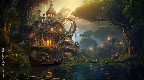 Enchanting fantasy village in a green fantasy forest, boat on a river