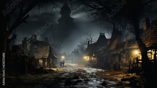A fog-shrouded village square with a solitary figure carrying a lantern 