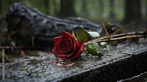 A weathered gravestone with a single black rose, symbolizing eternal sorrow   photo