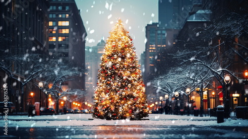 Christmas tree decorated illuminated on snowy evening winter city street in New York