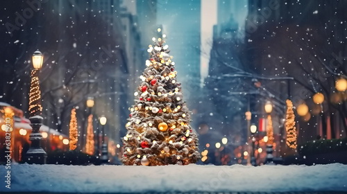 Christmas tree decorated illuminated on snowy evening  winter city street in New York