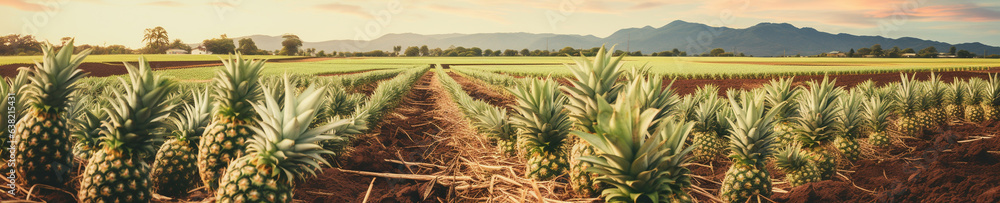 Fototapeta premium A Banner Photo of Pineapples Growing on a Farm