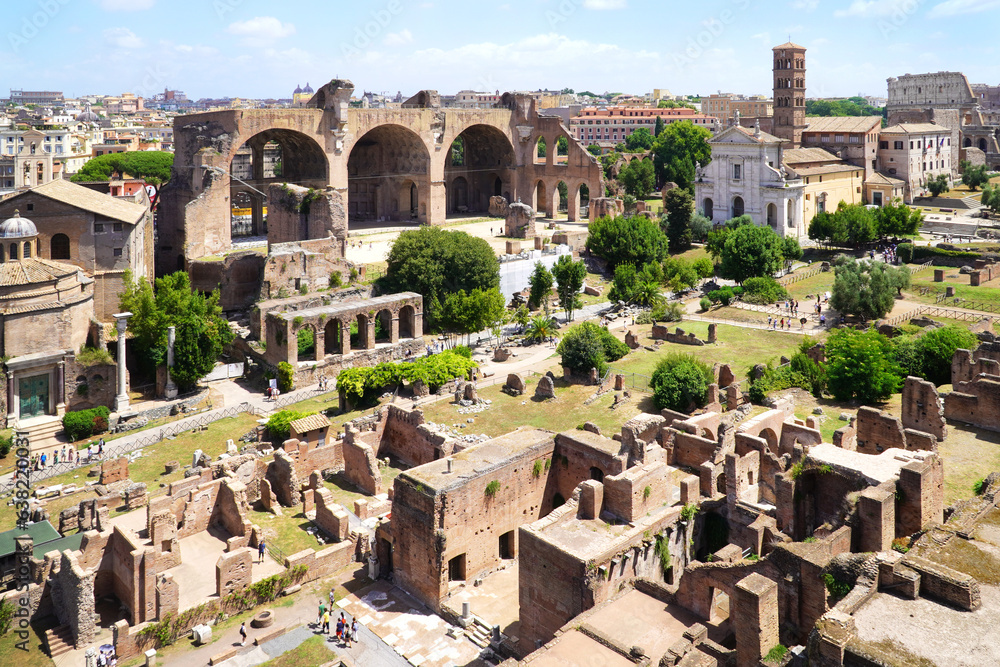 Roman Forum, Latin Forum Romanum, the most important center of ancient Rome, Italy. Palatine Hill View.