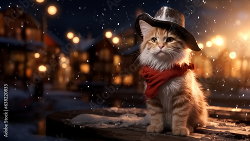 Playful cat donning cowboy hat in snowy landscape, blending humorous feline character with wintry setting, creating a unique and charming visual concept.